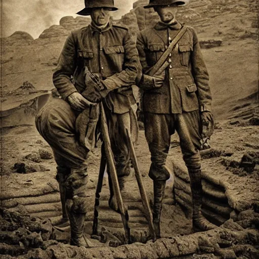 Image similar to ultra detailed photorealistic sepia - toned photo from 1 9 1 7, three british soldiers standing at an archaeological dig site in wadi rum, ultra realistic, painted, intricate details, lovecraft, atmospheric, dark, horror, brooding, highly detailed, by clyde caldwell