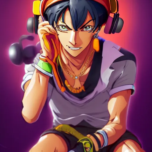 Image similar to Narancia Ghirga with headphones on, official art, key visual, very detailed, Jojo's Bizarre Adventure, digital art, artstation, 8K