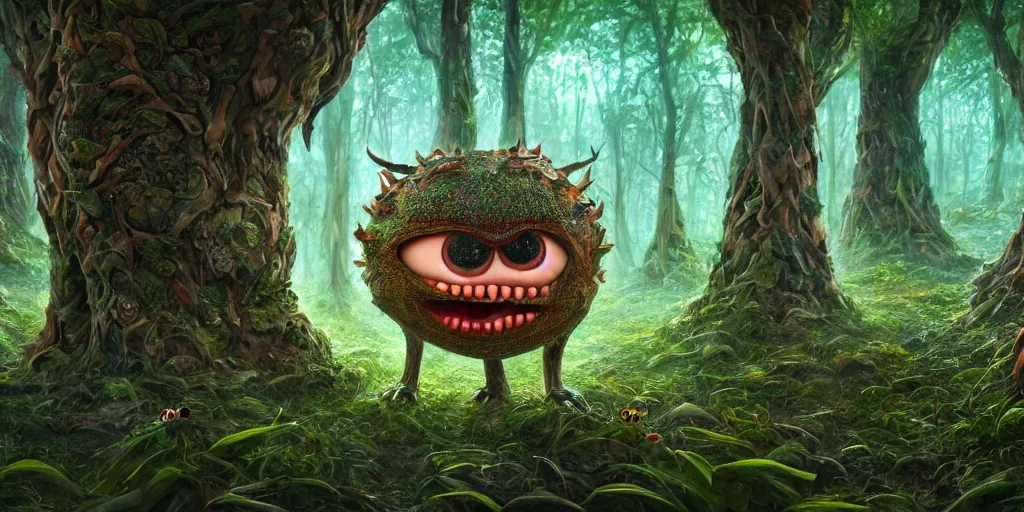 Image similar to of an intricate forest with strange cute friendly happy creatures with huge eyes, mouth, long tongue, round teeth and goofy face, appearing from the background, in the style of gehry and gaudi, macro lens, shallow depth of field, ultra detailed, digital painting, trending artstation, concept art, illustration, cinematic lighting, photorealism, epic, octane render