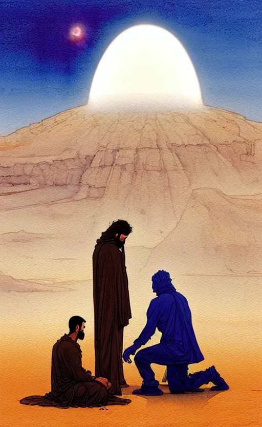 Image similar to a hyperrealist watercolour character concept art portrait of two middle eastern men kneeling down in prayer in front of a 1 2 ft. thin alien on a misty night in the desert. a ufo is in the background. by rebecca guay, michael kaluta, charles vess and jean moebius giraud