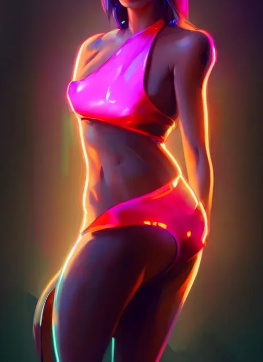 Image similar to glossy tube top, elegant, cyber neon lights, highly detailed, digital illustration, trending in artstation, trending in pinterest, glamor pose, concept art, smooth, sharp focus, art by artgerm and greg rutkowski