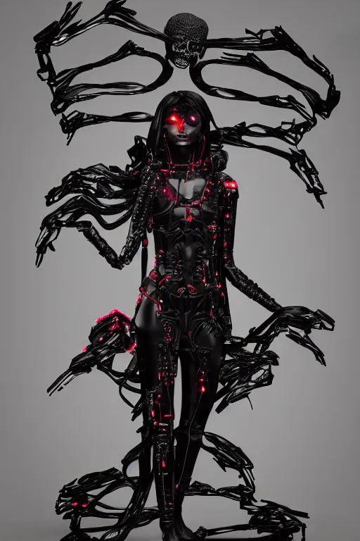 Image similar to full-body cyberpunk style sculpture of a young beautiful dark priestess, half android with a head opening exposing circuitry, glowing red eyes, black roses, flowing blood red colored silk, fabric, candles. baroque elements, human skull. full-length view. baroque element. intricate artwork by caravaggio. crows flying in background. Trending on artstation, octane render, cinematic lighting from the right, hyper realism, octane render, 8k, depth of field, 3D