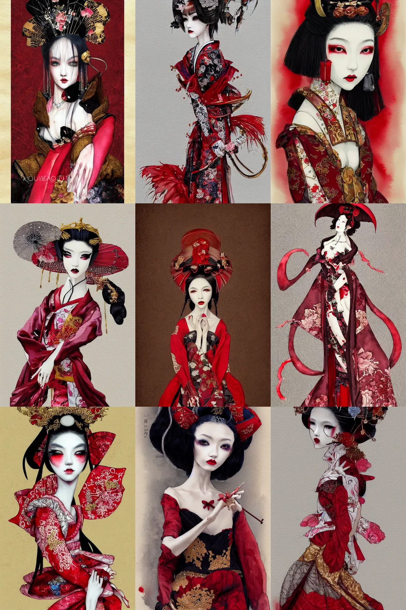 Prompt: watercolor painting avant - garde vogue fashion portrait of an japanese bjd geisha vampire queen with a long neck in a victorian lolitafashion red painted by nekro, intricate detail, artstation, artgerm, in the style of dark - fantasy rococo, gold leaf art