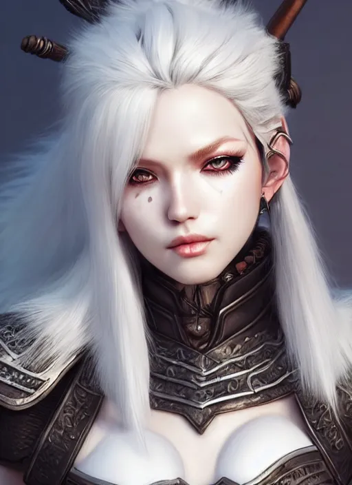 Image similar to barbarian, fur leather armor!!! beautiful and elegant white hair female!! gorgeous ayes!! character concept art, sharp focus, octane render! unreal engine 5! highly rendered!! trending on artstation!! detailed linework!! illustration by artgerm, wlop, and chie yoshii