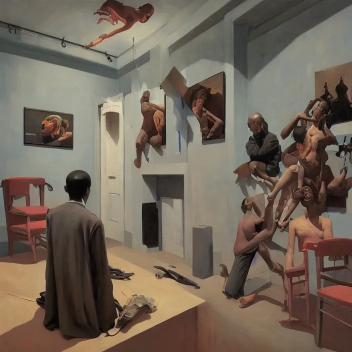 Image similar to the disinvention of time, liberation, by edward hopper and james gilleard, zdzislaw beksinski, open ceiling, highly detailed, black people, painted by francis bacon, painted by james gilleard, surrealism, airbrush, ilya kuvshinov, wlop, stanley artgerm, very coherent, art by takato yamamoto and james jean