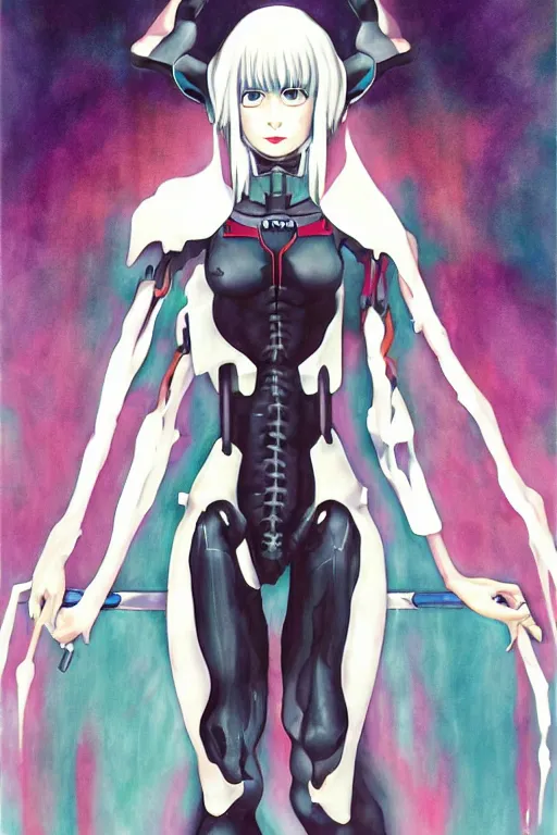 Prompt: rei ayanami, fantasy painting, grimdark, symmetry