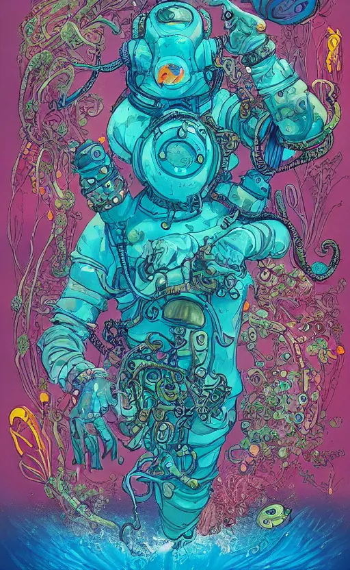 Image similar to a picture of mysterious colourful underwater creature, being discovered by a man in a steampunk diving suit. water is deep aquamarine coloured. poster art by james jean, concept art, behance contest winner, very detailed, award - winning. lovecraftian, cosmic horror, bioluminescence.