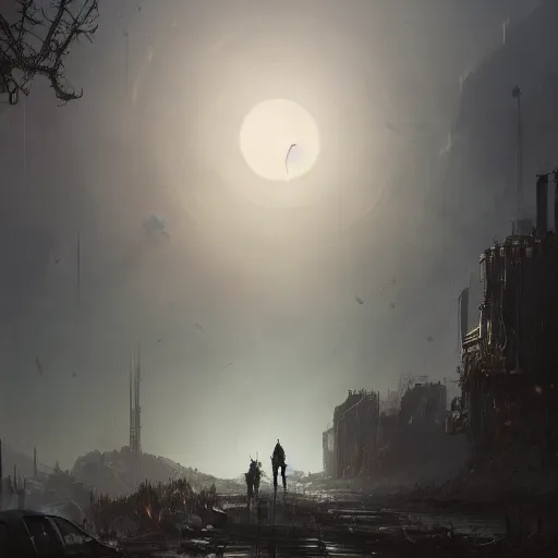 Image similar to post apocalyptic earth as seen by greg rutkowski, dark theme, enchanted, high quality, waw, trending on artstation