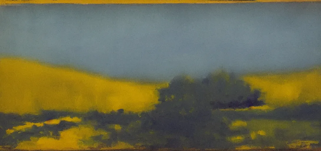 Prompt: tonalist landscape, high contrast, moody, prussian blue and hansa yellow, no frame