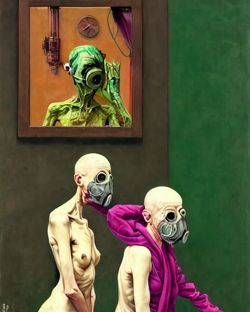 Image similar to two skinny old people with extra limbs, wearing gas masks and robes of gold, green and pink, cinematic, dystopian, eerie, horror, gothic, highly detailed painting by Jenny Saville, Esao Andrews, Francis Bacon, !!!Edward Hopper!!! surrealism, art by Takato Yamamoto and James Jean