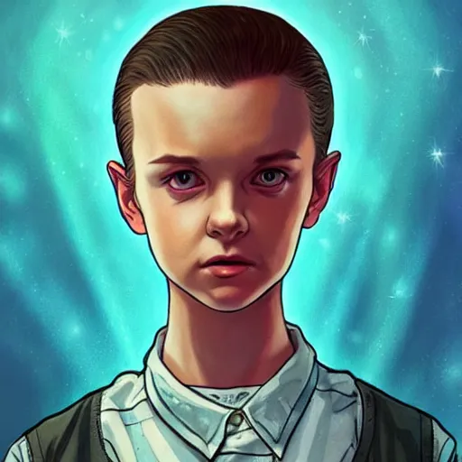 Image similar to eleven from stranger things, nighttime, outdoors, intricate, highly detailed, digital painting, artstation, official media, anime key visual, concept art, ambient lighting, sharp focus, 1980's anime style, art by Artgerm, Makoto Shinkai, Ilya Kuvshinov, Lois Van Baarle, and Rossdraws