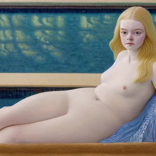 Prompt: Painting of Elle Fanning at the pool, long blonde hair, delicate, pale milky white porcelain skin, by Grant Wood. 8K. Extremely detailed.