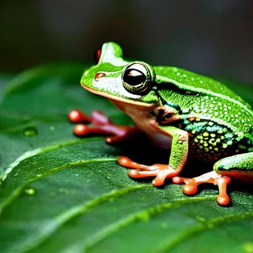 Prompt: a national geographic close-up photograph of a rat-frog on a leaf, in the rain.