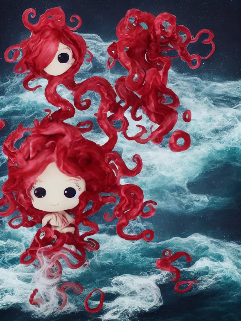 Image similar to cute fumo plush chibi gothic octopus maiden princess boy washing his hair in the waves of the wavering dark galactic abyss, long black and red ruffled intricate dress with ribbons, ocean wave thunderstorm and reflective splashing water, wisps of smoke and haze and volumetric fog, ocean simulation, vignette, vray