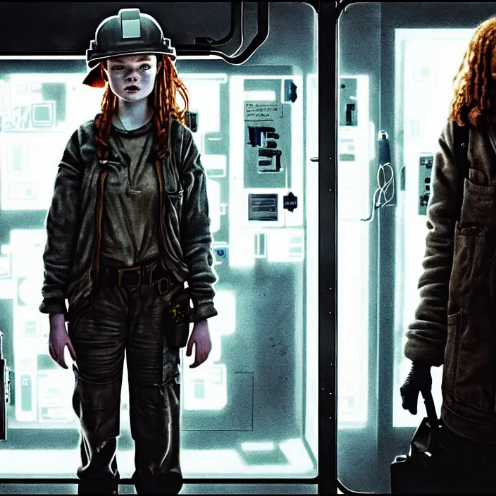Prompt: sadie sink as a miner in a minimalist automated kiosk with options to choose from. storyboard, scifi cyberpunk. by gabriel hardman, joe alves, chris bonura. cinematic atmosphere, detailed and intricate, perfect anatomy