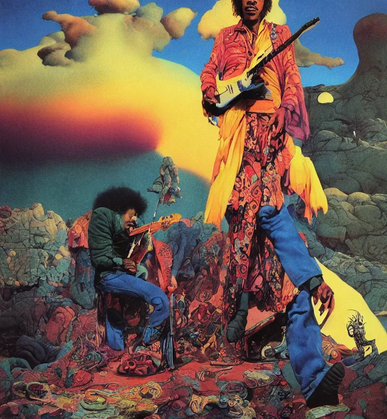 Prompt: colour portrait photography of jimi hendrix full body shot by annie leibovitz, moebius, pascal blanche, josh kirby, scifi landscape in background by roger dean and syd mead and killian eng and james jean and giger, arthur rackham, beksinski, greg hildebrandt, 8 k