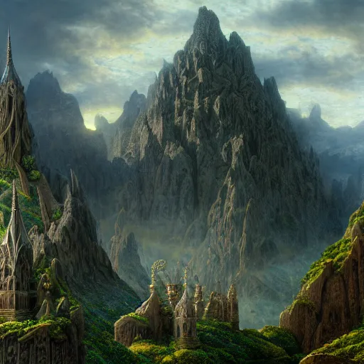 Prompt: a beautiful and highly detailed matte painting of an elven palace carved out of a mountain, celtic knots, epic scale, insanely complex, hyperdetailed, sharp focus, hyperrealism, artstation, cgsociety, 8 k, by caspar friedrich, albert bierstadt, james gurney, brian froud,