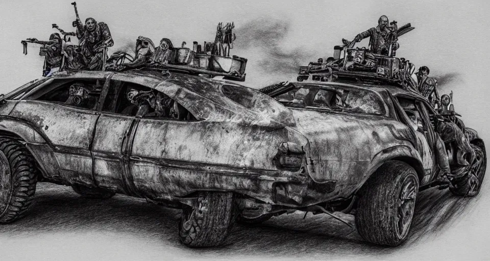 Prompt: highly detailed graphite drawing of a fury road car