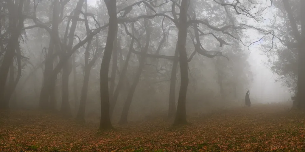 Prompt: foggy haunted woods with several silhouetted figure lurking in the distance, horror movie