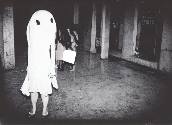 Prompt: 1 9 9 5, disposable polaroid camera, flash at night, pov, saigon street square, female : creature, ghost draped in bloody white dress