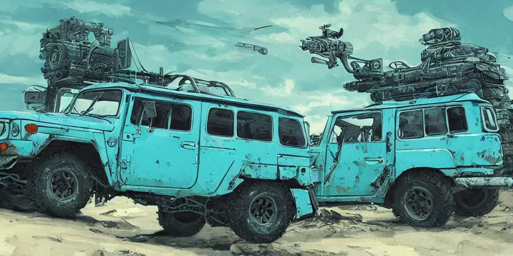 Image similar to digital illustration of a futuristic faded cyan mad max's fj 4 0 decrepit!!!! pursuit special, rusty!!! cyberpunk nissan fj cruiser heavily modded 1 9 9 0 s, the last v 8 interceptor by makoto shinkai, ilya kuvshinov, lois van baarle, rossdraws, basquiat