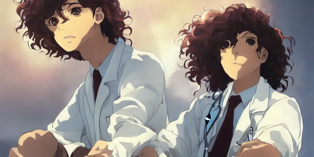 Image similar to a brown curly hair doctor, by makoto shinkai