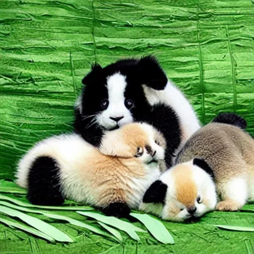 Image similar to panda, cat, and rabbit snuggling cute