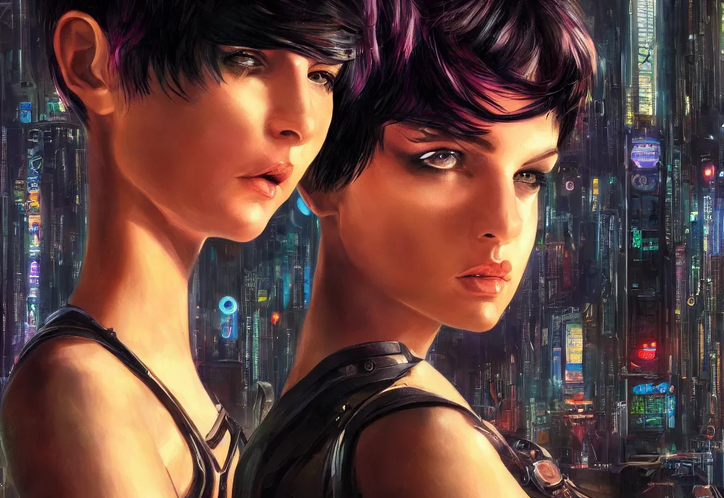 Prompt: a portrait of a beautiful girl, short black hair, pixie hair cut, cyberpunk style, futuristic, realism, photorealism, wide shot, dramatic lighting, digital art, 8k resolution, high detail, by Boris Vallejo