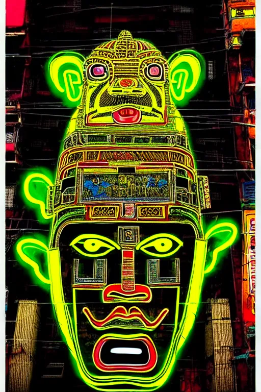 Image similar to high quality photo hyperrealistic cyberpunk hanuman head building, neon yellow madhubani, highly detailed, in sci - fi mumbai, cinematic smooth, lee madgwick & liam wong, moody light, low angle, uhd 8 k, sharp focus