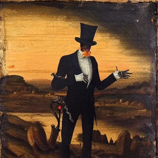 Prompt: Renaissance oil painting of skeleton wearing a suit and top hat at sunset.