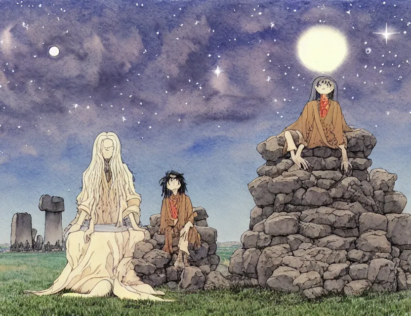 Image similar to a hyperrealist studio ghibli watercolor fantasy concept art of a giant long haired grey witch in lotus position sitting on top of stonehenge with a starry sky in the background. a ufo is in the sky. by rebecca guay, michael kaluta, charles vess