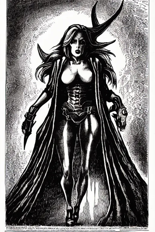 Image similar to dana scully, as a demon from the dictionarre infernal, pen - and - ink illustration, etching by louis le breton, 1 8 6 9, 1 2 0 0 dpi scan, ultrasharp detail, hq scan, intricate details, stylized border