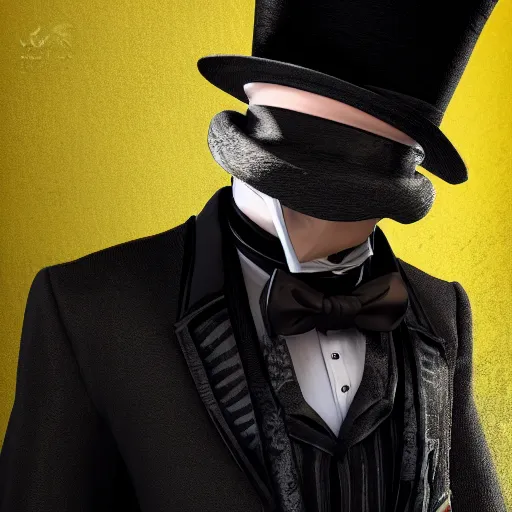 Image similar to a highly detailed portrait of a man in a high top hat covering his face, in a black tailcoat with a yellow waistcoat under the tailcoat, artstation, deviantart, professional, unreal engine 5, photorealistic