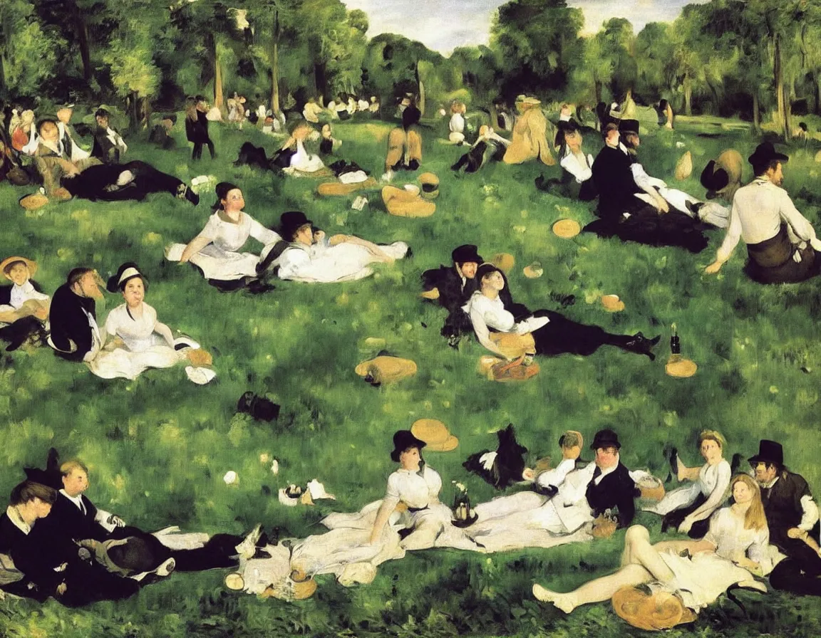 Prompt: le dejeuner sur l'herbe, manet. very close up detailed depiction of people picknick on a blanket on a meadow in berlin. woman and men. beer, music, dancing. one woman with three men. a very nice an afternoon with sun. little river in background. dark forest. expressionistic. masterpiece painting. classic.