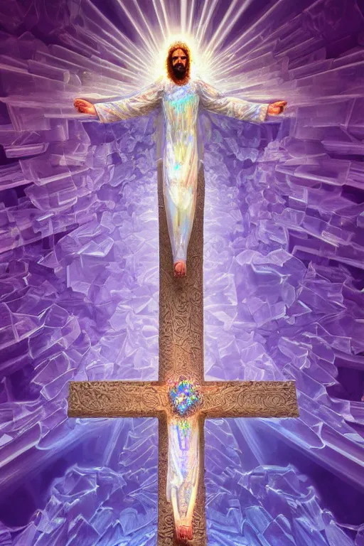 Image similar to a crystalline 3 d mandelbulb fractal in the shape of jesus christ on the cross, bioluminescent opal, fractal, magnificent lighting, ethereal, ray tracing, octane, holographic