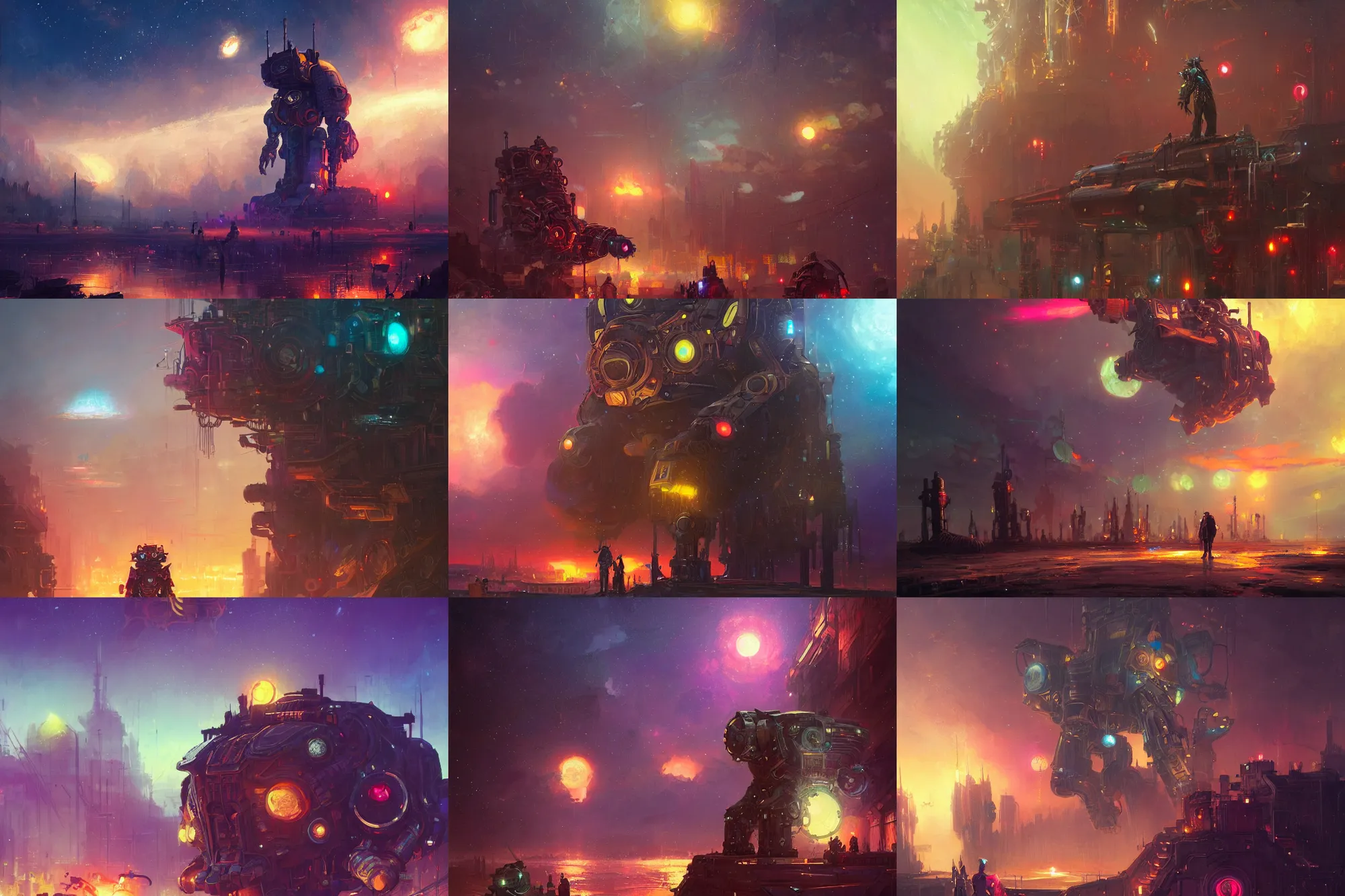 Prompt: night, stars, steampunk, warm mood, giant robot in the background, many colors, colorful, all colors, highly saturated colors, greg rutkowski, fantasy, detailed illustration, hd, 4k, digital art, overdetailed art, concept art, trending on artstation