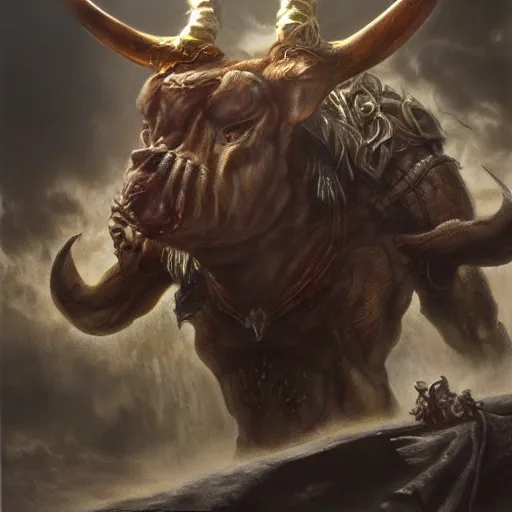 Image similar to Minotaur, elden ring boss, matte painting, detailed, elden ring, oil on canvas