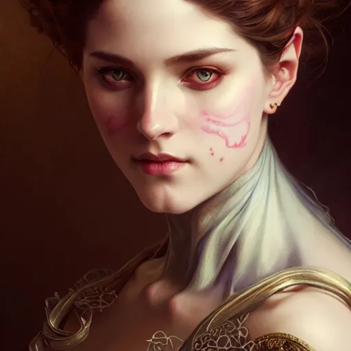 Image similar to portrait painting of an extremely fancy girl with a devious expression, gaslamp fantasy, victorian, ultra realistic, concept art, intricate details, eerie, highly detailed, photorealistic, octane render, 8 k, unreal engine. art by artgerm and greg rutkowski and charlie bowater and magali villeneuve and alphonse mucha