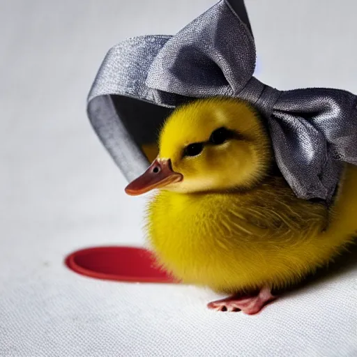 Image similar to a baby duckling wearing a bow on her head, holding a scalpel