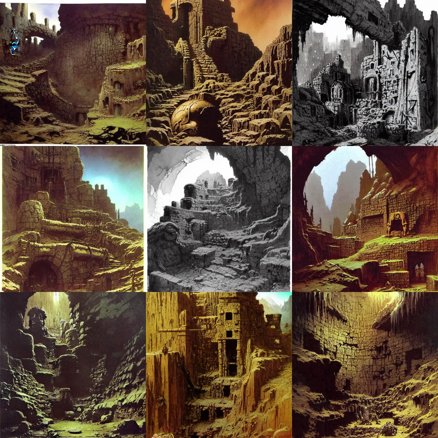 Prompt: ancient abandoned dwarven mine by frank frazetta, ken kelly, simon bisley, richard corben, william - adolphe bouguereau