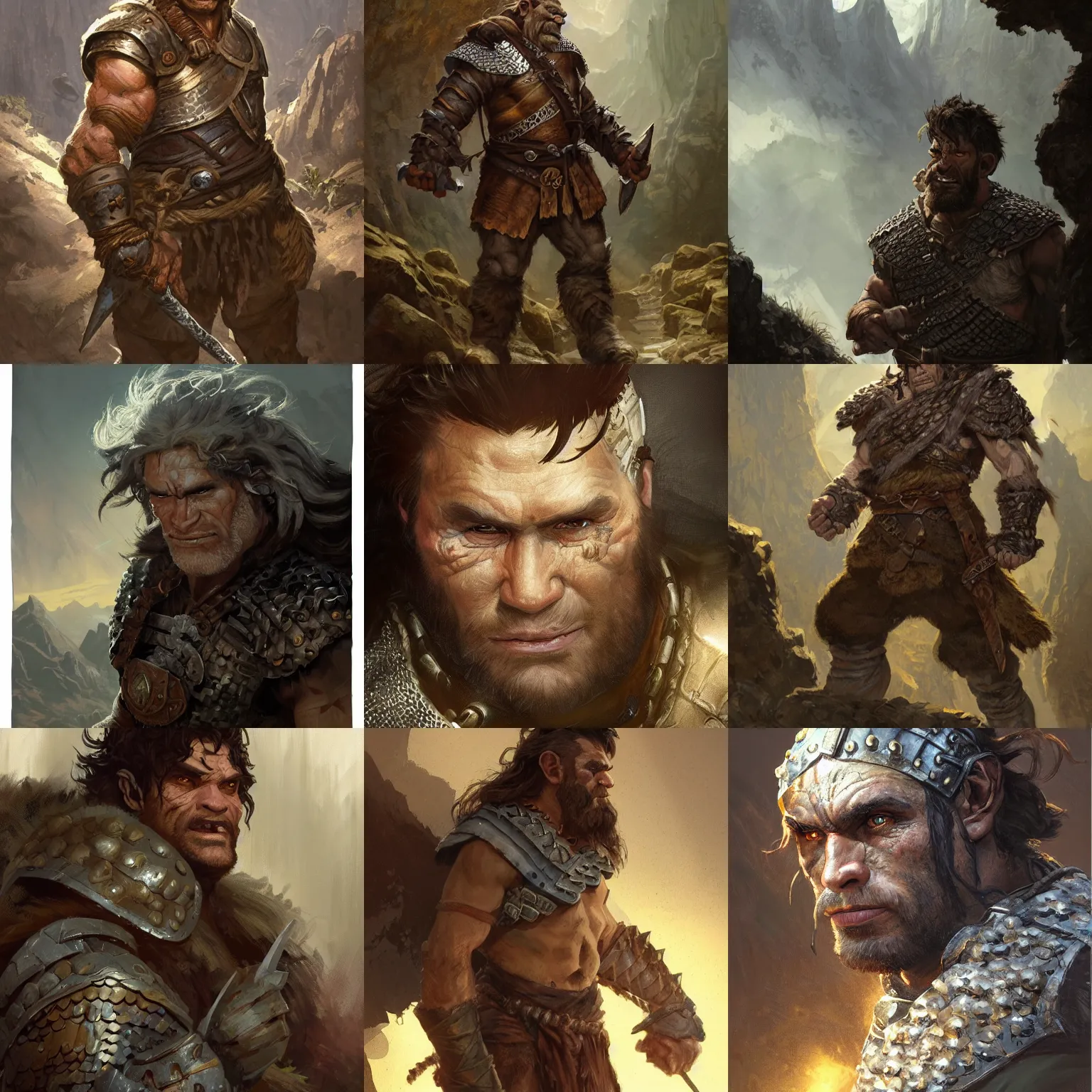 Prompt: portrait of a ruggedly handsome half - orc fighter with short brown hair wearing chainmail armor exploring a cave, half body, fantasy, highly detailed, digital painting, artstation, concept art, character art, art by greg rutkowski and tyler jacobson and alphonse mucha