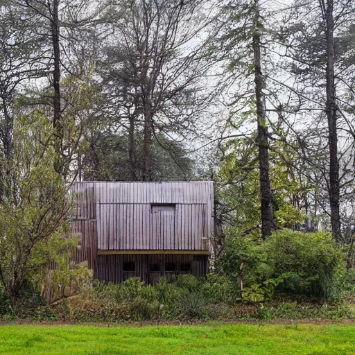 Prompt: a small house with trees in the background, 20th century style