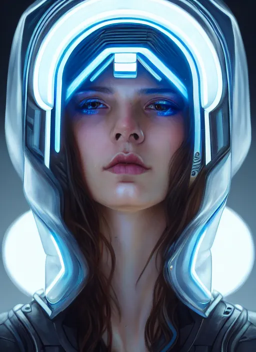 Image similar to symmetry portrait of a very beautiful caucasian young cyberpunk woman wearing a visor, sci - fi, tech wear, glowing lights intricate, elegant, highly detailed, digital painting, artstation, concept art, smooth, sharp focus, illustration, art by artgerm and greg rutkowski and alphonse mucha