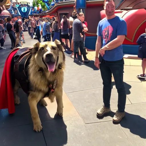 Prompt: Thor standing in line for a ride in DisneyLand