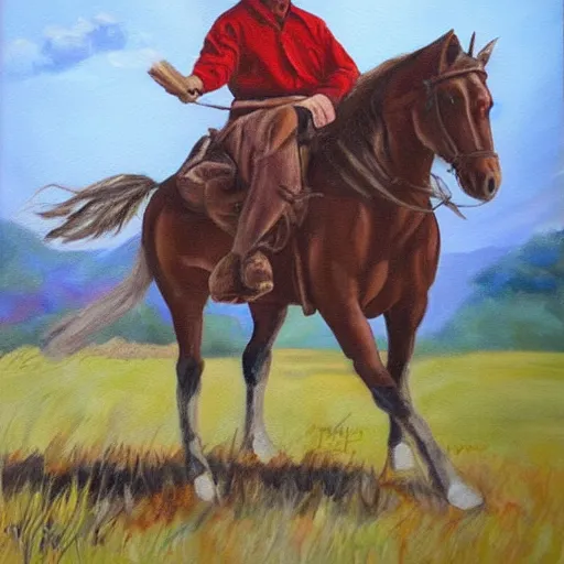 Image similar to a painting of billy mays riding a horse, elegant