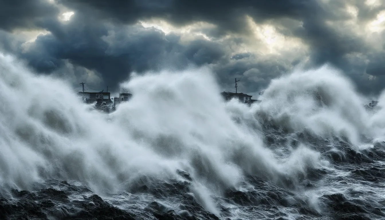 Prompt: Slum housing emerging from crashing tidal wave landscape , sea spray fills the air , volumetric sunlight shines through massive developing storm clouds , full colour , upscale , 4k