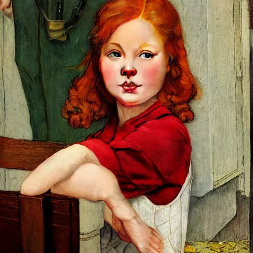 Prompt: a redhead girl, artwork by Norman Rockwell, cinematic view, high quality