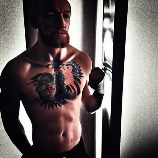 Image similar to “a realistic detailed photo of a guy who is an attractive humanoid who is half robot and half humanoid, who is a male android, boxer Conor McGregor, shiny skin, posing like a statue, blank stare”