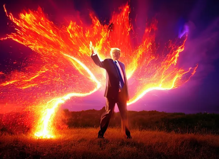 Prompt: burning donald trump on fire casting fireballs, colorful hd picure, lightning in the background