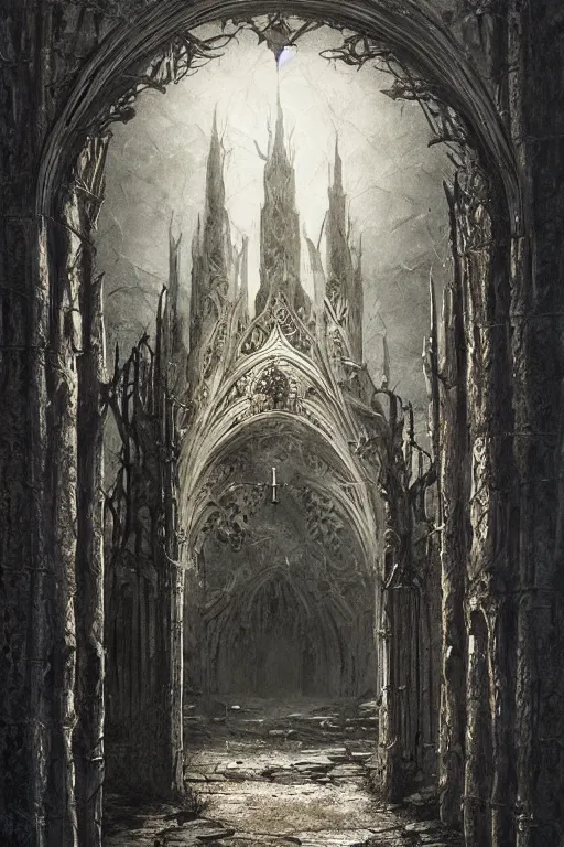 Image similar to Gothic Temple Entrance by Seb Mckinnon, trending on artstation, artstationHD, artstationHQ, 4k, 8k